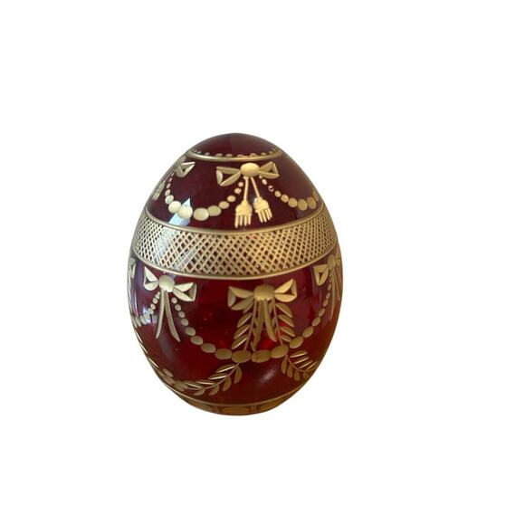 Faberge Russian style ruby red glass egg etched gold garnishment elaborate - Picture 2 of 7